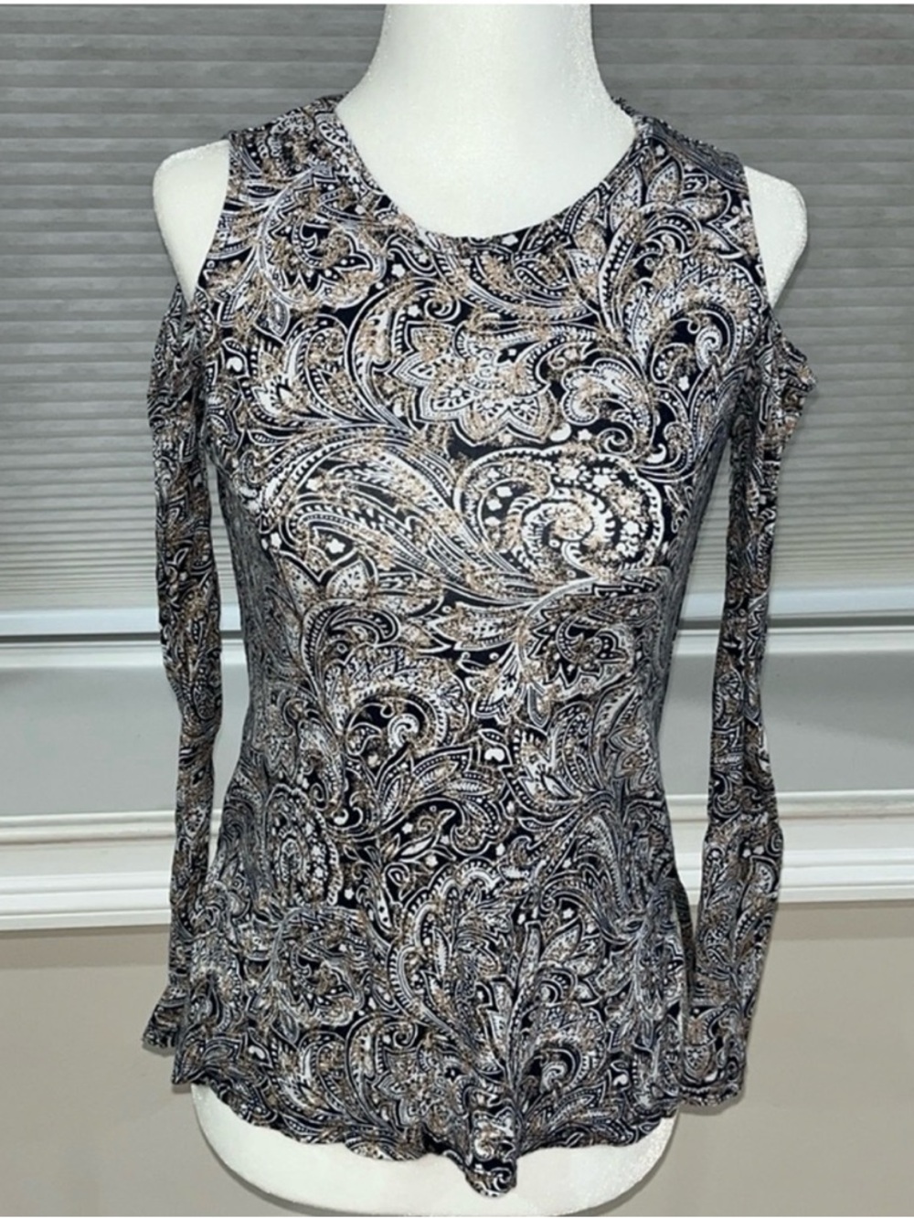 Michael Kors Black, White & Tan Paisley Cold-Shoulder Blouse